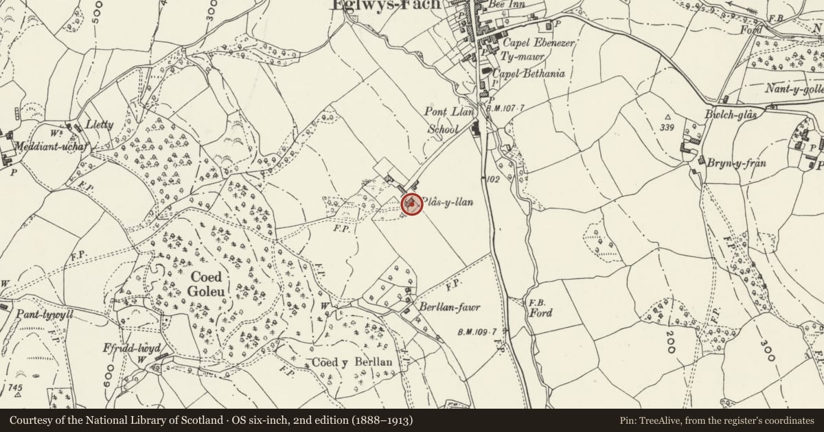 Ordnance Survey six-inch map, 2nd edition (1888–1913) covering the location of Barn SE of Plas-yn-Llan, Eglwysbach, Conwy, with a pin at the register's coordinates
