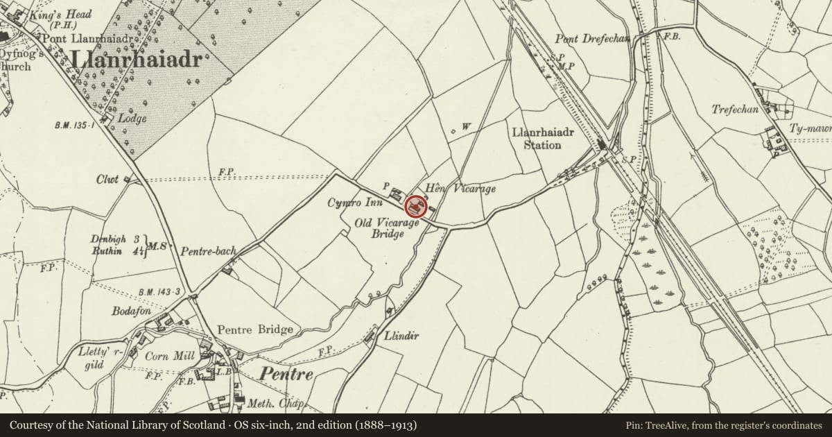 Ordnance Survey six-inch map, 2nd edition (1888–1913) covering the location of Hen Vicarage, Llanrhaeadr yng Nghinmeirch, Denbighshire, with a pin at the register's coordinates