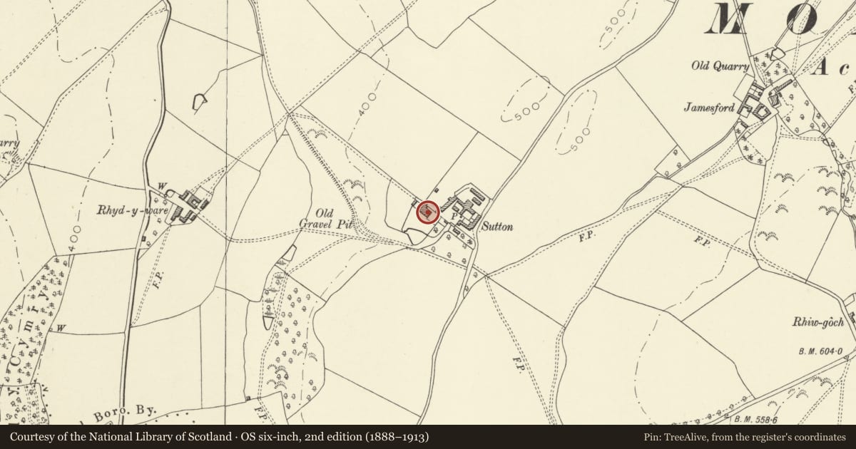 Ordnance Survey six-inch map, 2nd edition (1888–1913) covering the location of Sutton Farmhouse, Montgomery, Powys, with a pin at the register's coordinates