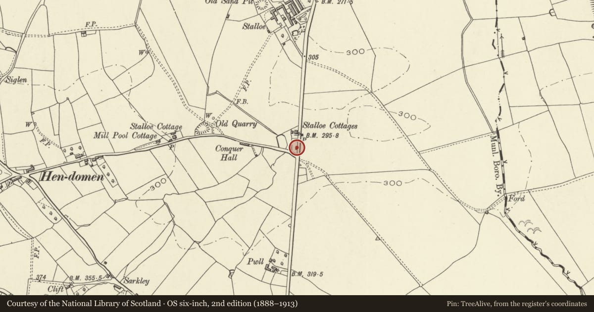 Ordnance Survey six-inch map, 2nd edition (1888–1913) covering the location of The Toll Cottage, Montgomery, Powys, with a pin at the register's coordinates