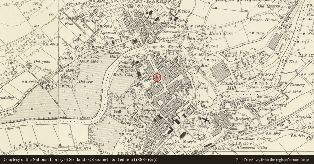 Ordnance Survey six-inch map, 2nd edition (1888–1913) covering the location of 9 Broad Street, Newtown and Llanllwchaiarn, Powys, with a pin at the register's coordinates