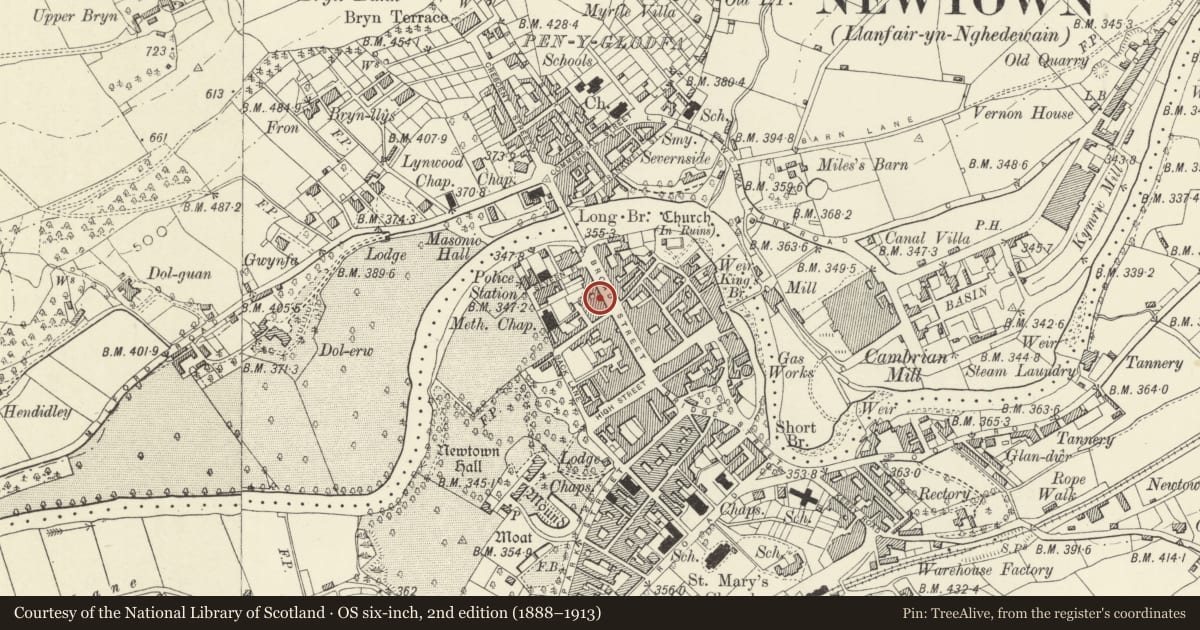 Ordnance Survey six-inch map, 2nd edition (1888–1913) covering the location of 16 Broad Street, Newtown and Llanllwchaiarn, Powys, with a pin at the register's coordinates
