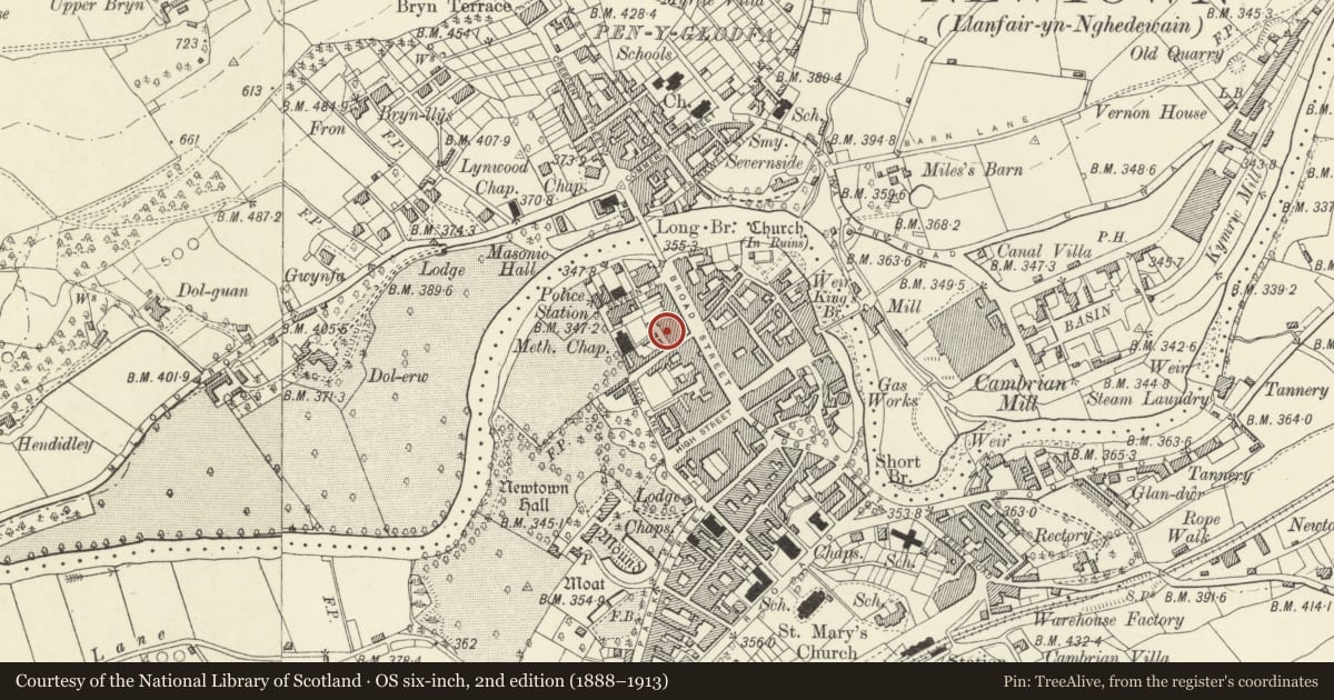 Ordnance Survey six-inch map, 2nd edition (1888–1913) covering the location of Court to rear of No14, The Victoria Vaults PH and No 16 Broad Street, Newtown and Llanllwchaiarn, Powys, with a pin at the register's coordinates