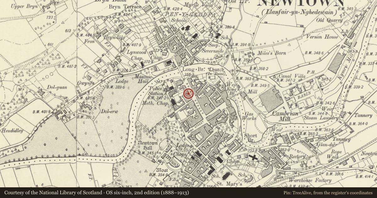Ordnance Survey six-inch map, 2nd edition (1888–1913) covering the location of 18 Broad Street, Newtown and Llanllwchaiarn, Powys, with a pin at the register's coordinates