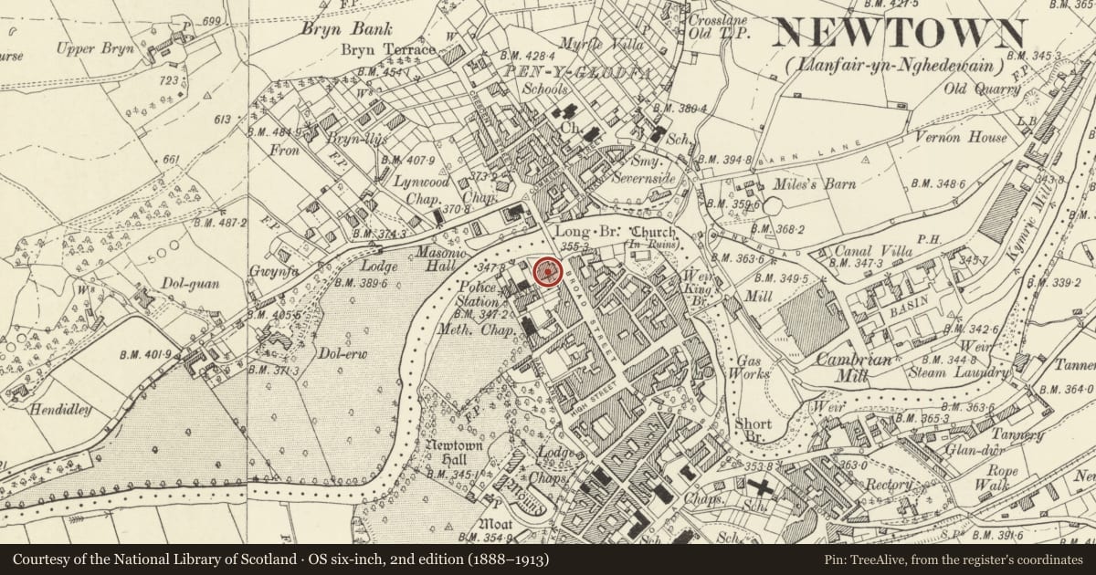Ordnance Survey six-inch map, 2nd edition (1888–1913) covering the location of Former Flannel Exchange and Assembly Rooms, Newtown and Llanllwchaiarn, Powys, with a pin at the register's coordinates