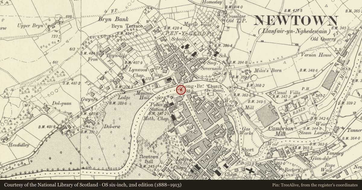 Ordnance Survey six-inch map, 2nd edition (1888–1913) covering the location of The Long Bridge, Newtown and Llanllwchaiarn, Powys, with a pin at the register's coordinates