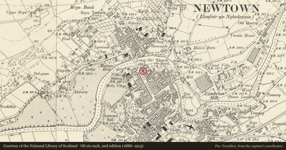 Ordnance Survey six-inch map, 2nd edition (1888–1913) covering the location of 28 Broad Street, Newtown and Llanllwchaiarn, Powys, with a pin at the register's coordinates