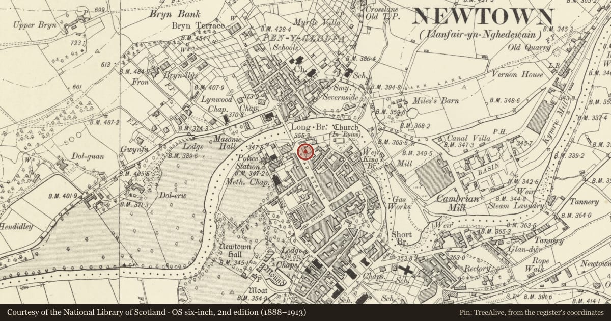 Ordnance Survey six-inch map, 2nd edition (1888–1913) covering the location of 29 Broad Street, Newtown and Llanllwchaiarn, Powys, with a pin at the register's coordinates