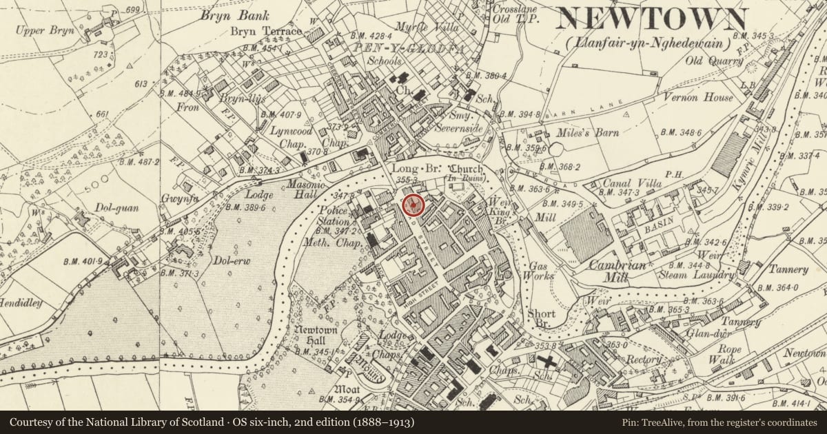 Ordnance Survey six-inch map, 2nd edition (1888–1913) covering the location of 30 Broad Street, Newtown and Llanllwchaiarn, Powys, with a pin at the register's coordinates