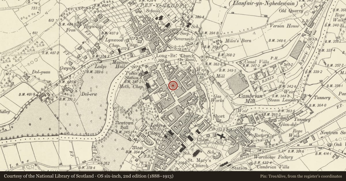 Ordnance Survey six-inch map, 2nd edition (1888–1913) covering the location of 44 Broad Street, Newtown and Llanllwchaiarn, Powys, with a pin at the register's coordinates