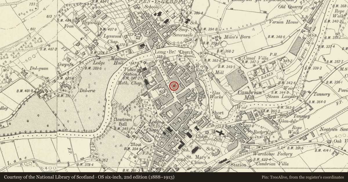 Ordnance Survey six-inch map, 2nd edition (1888–1913) covering the location of 47 Broad Street, Newtown and Llanllwchaiarn, Powys, with a pin at the register's coordinates
