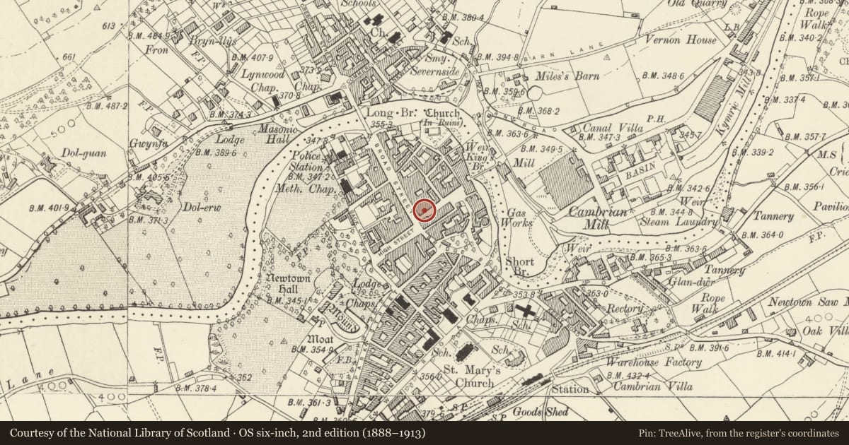 Ordnance Survey six-inch map, 2nd edition (1888–1913) covering the location of Free Library, Newtown and Llanllwchaiarn, Powys, with a pin at the register's coordinates