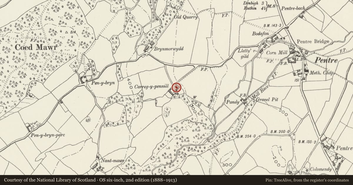 Ordnance Survey six-inch map, 2nd edition (1888–1913) covering the location of Cartshed to the N of Carreg-y-Pennill, Llanrhaeadr yng Nghinmeirch, Denbighshire, with a pin at the register's coordinates