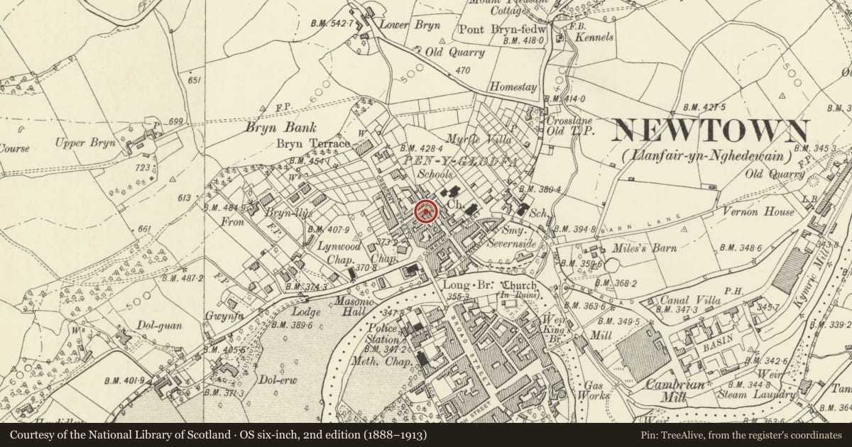 Ordnance Survey six-inch map, 2nd edition (1888–1913) covering the location of Corner Shop, Newtown and Llanllwchaiarn, Powys, with a pin at the register's coordinates