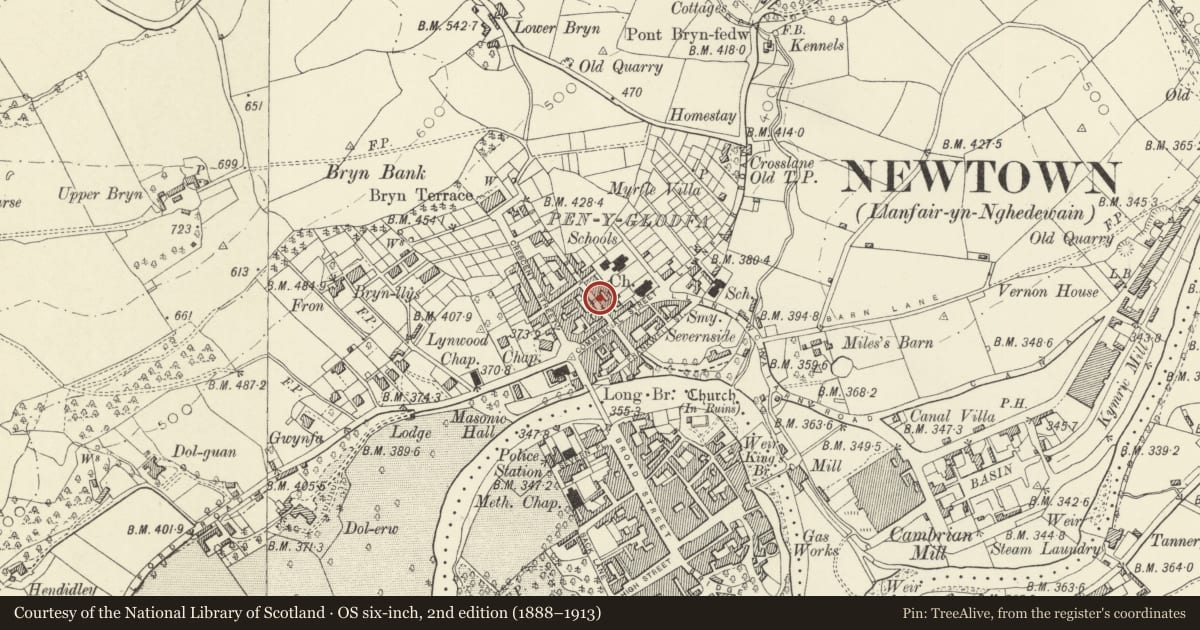 Ordnance Survey six-inch map, 2nd edition (1888–1913) covering the location of Former Flannel Factory ("Clock Factory"), Newtown and Llanllwchaiarn, Powys, with a pin at the register's coordinates