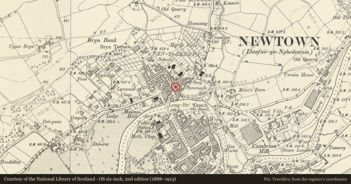 Ordnance Survey six-inch map, 2nd edition (1888–1913) covering the location of 10 Chapel Street, Newtown and Llanllwchaiarn, Powys, with a pin at the register's coordinates