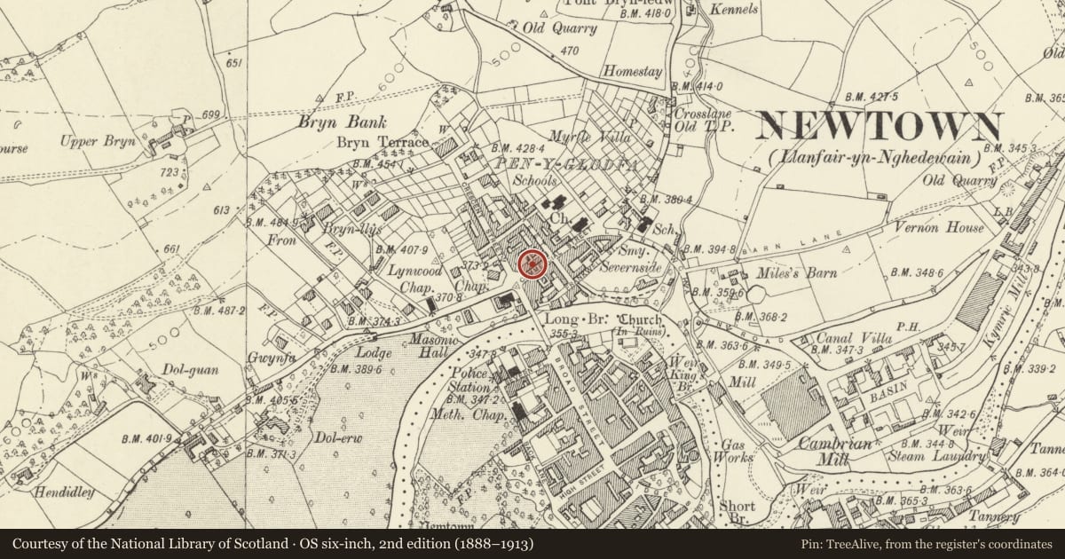 Ordnance Survey six-inch map, 2nd edition (1888–1913) covering the location of Grapes Hotel, Newtown and Llanllwchaiarn, Powys, with a pin at the register's coordinates