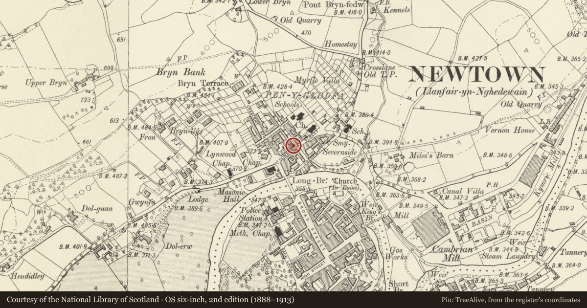Ordnance Survey six-inch map, 2nd edition (1888–1913) covering the location of 9 Commercial Street, Newtown and Llanllwchaiarn, Powys, with a pin at the register's coordinates