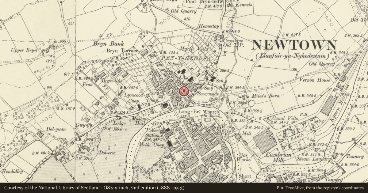Ordnance Survey six-inch map, 2nd edition (1888–1913) covering the location of Premises of Roberts and Quin, Newtown and Llanllwchaiarn, Powys, with a pin at the register's coordinates