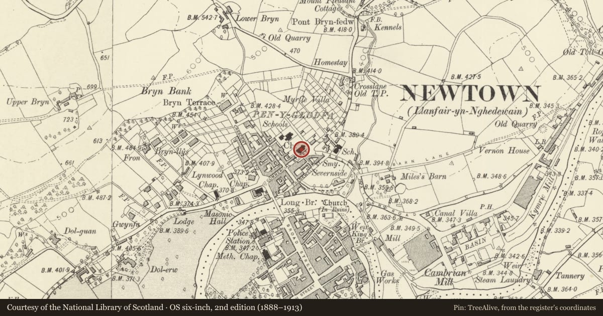 Ordnance Survey six-inch map, 2nd edition (1888–1913) covering the location of All Saint's Church, Newtown and Llanllwchaiarn, Powys, with a pin at the register's coordinates