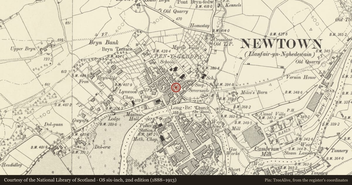 Ordnance Survey six-inch map, 2nd edition (1888–1913) covering the location of Former Shop, Newtown and Llanllwchaiarn, Powys, with a pin at the register's coordinates