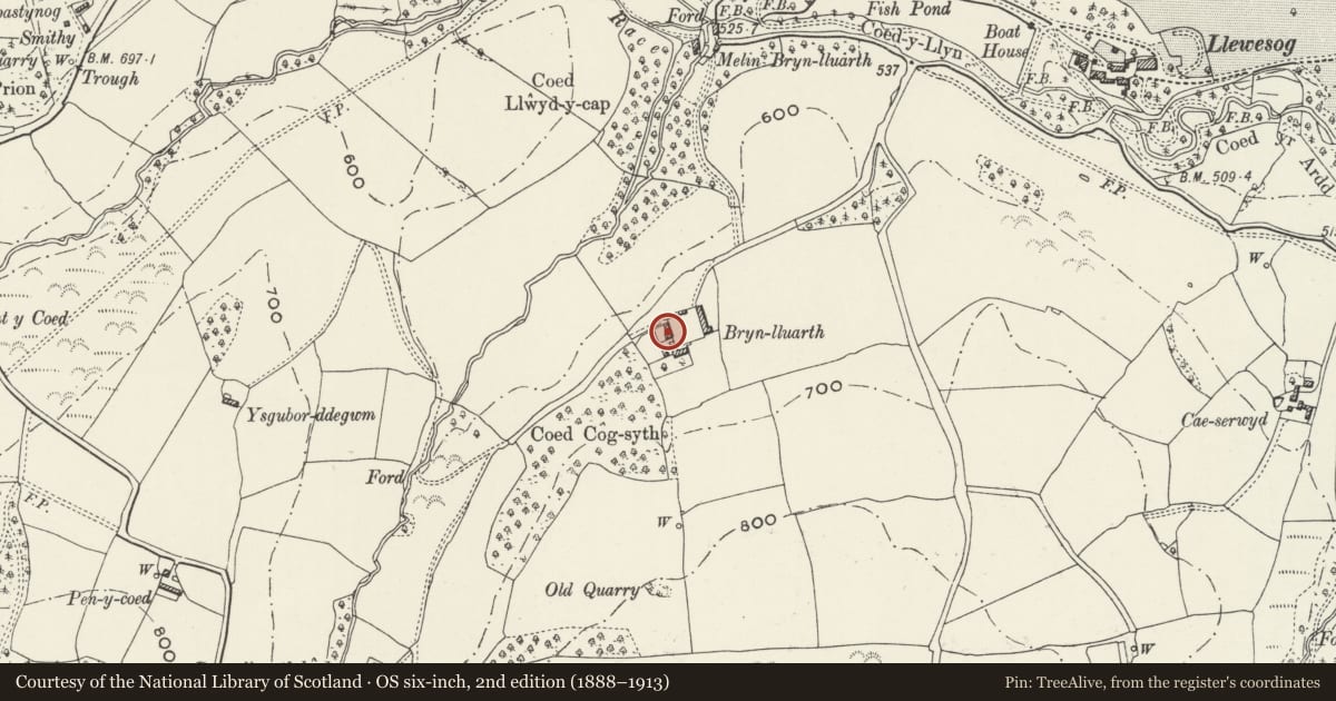 Ordnance Survey six-inch map, 2nd edition (1888–1913) covering the location of Barn to the N of Brynlluarth, Llanrhaeadr yng Nghinmeirch, Denbighshire, with a pin at the register's coordinates