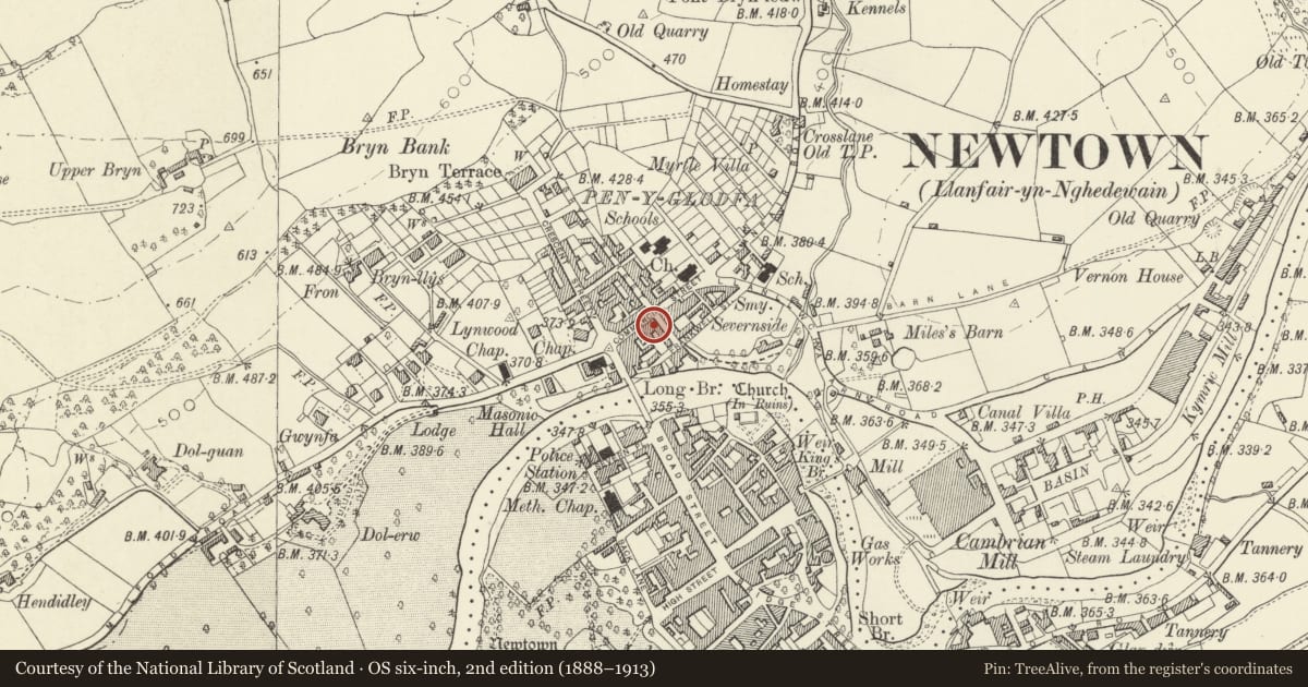 Ordnance Survey six-inch map, 2nd edition (1888–1913) covering the location of 44 Commercial Street, Newtown and Llanllwchaiarn, Powys, with a pin at the register's coordinates