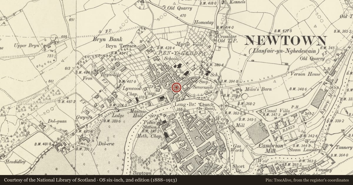 Ordnance Survey six-inch map, 2nd edition (1888–1913) covering the location of 45 Commercial Street, Newtown and Llanllwchaiarn, Powys, with a pin at the register's coordinates
