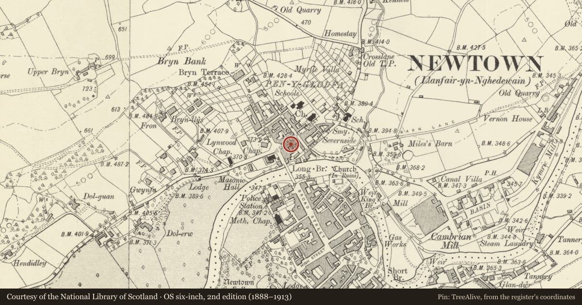Ordnance Survey six-inch map, 2nd edition (1888–1913) covering the location of 49 Commercial Street, Newtown and Llanllwchaiarn, Powys, with a pin at the register's coordinates
