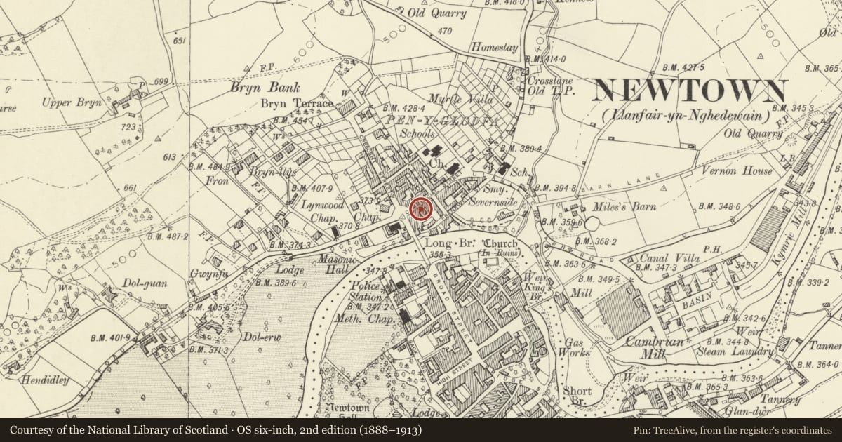Ordnance Survey six-inch map, 2nd edition (1888–1913) covering the location of 50 Commercial Street, Newtown and Llanllwchaiarn, Powys, with a pin at the register's coordinates