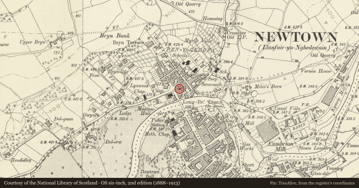 Ordnance Survey six-inch map, 2nd edition (1888–1913) covering the location of 53 Commercial Street, Newtown and Llanllwchaiarn, Powys, with a pin at the register's coordinates