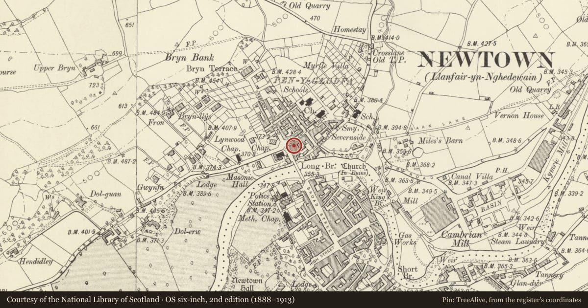 Ordnance Survey six-inch map, 2nd edition (1888–1913) covering the location of 54 Commercial Street, Newtown and Llanllwchaiarn, Powys, with a pin at the register's coordinates
