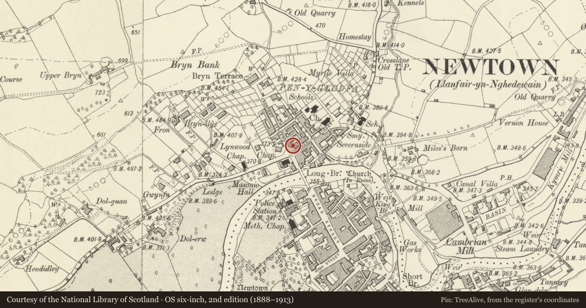 Ordnance Survey six-inch map, 2nd edition (1888–1913) covering the location of 2 The Crescent, Newtown and Llanllwchaiarn, Powys, with a pin at the register's coordinates