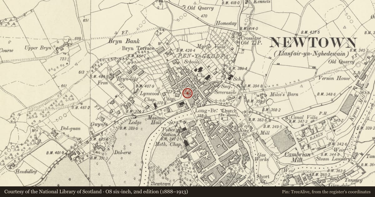 Ordnance Survey six-inch map, 2nd edition (1888–1913) covering the location of 3 The Crescent, Newtown and Llanllwchaiarn, Powys, with a pin at the register's coordinates
