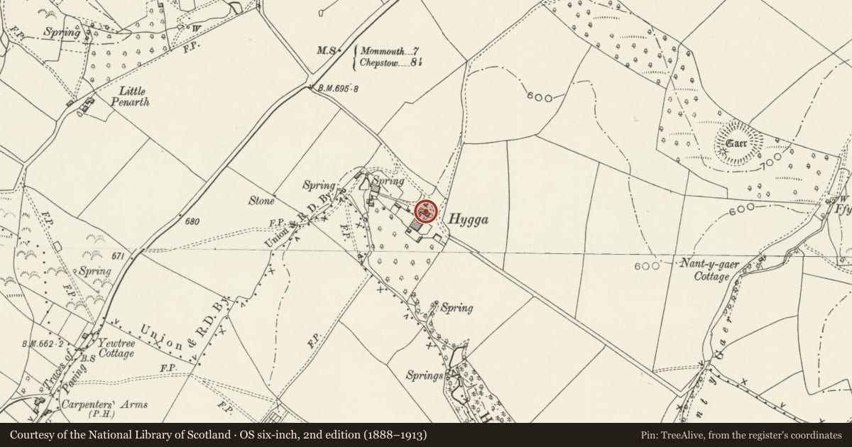 Ordnance Survey six-inch map, 2nd edition (1888–1913) covering the location of Stable and Cowhouse at Hygga Farm, Trellech United, Monmouthshire, with a pin at the register's coordinates