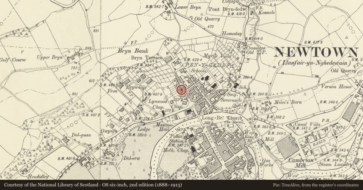 Ordnance Survey six-inch map, 2nd edition (1888–1913) covering the location of 10 Crescent Street, Newtown and Llanllwchaiarn, Powys, with a pin at the register's coordinates