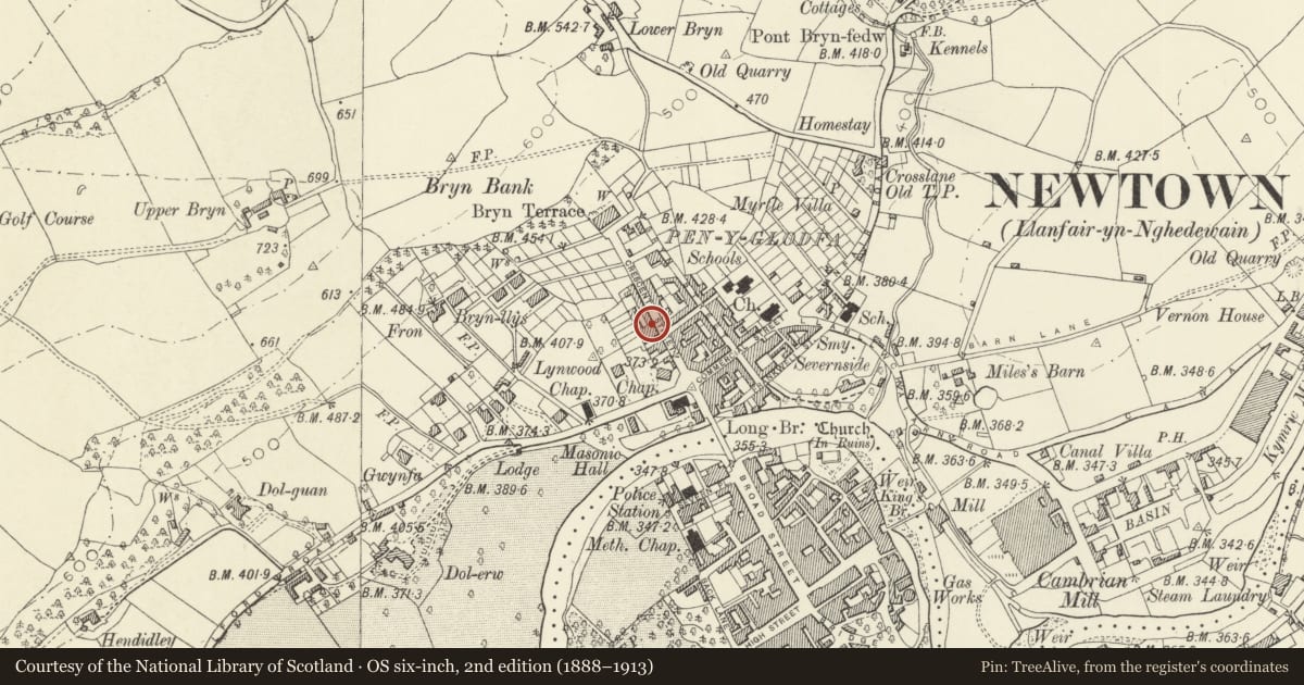 Ordnance Survey six-inch map, 2nd edition (1888–1913) covering the location of 11 Crescent Street, Newtown and Llanllwchaiarn, Powys, with a pin at the register's coordinates