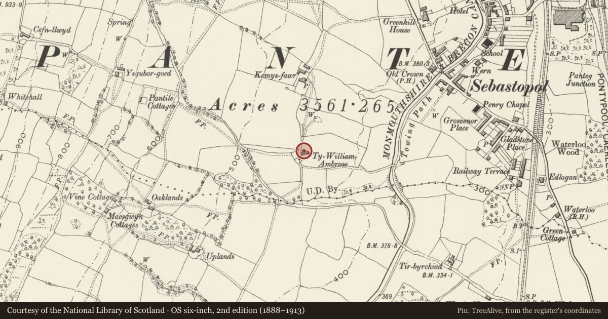 Ordnance Survey six-inch map, 2nd edition (1888–1913) covering the location of Ty William Ambrose Farm (aka Hanbury Farm), Panteg, Torfaen, with a pin at the register's coordinates