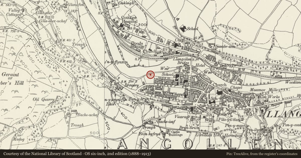Ordnance Survey six-inch map, 2nd edition (1888–1913) covering the location of Llangollen Methodist Church, Denbighshire, with a pin at the register's coordinates