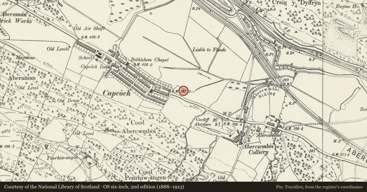 Ordnance Survey six-inch map, 2nd edition (1888–1913) covering the location of Abercwmboi Workmen's Hall and Institute, Aberaman, Rhondda Cynon Taff, with a pin at the register's coordinates