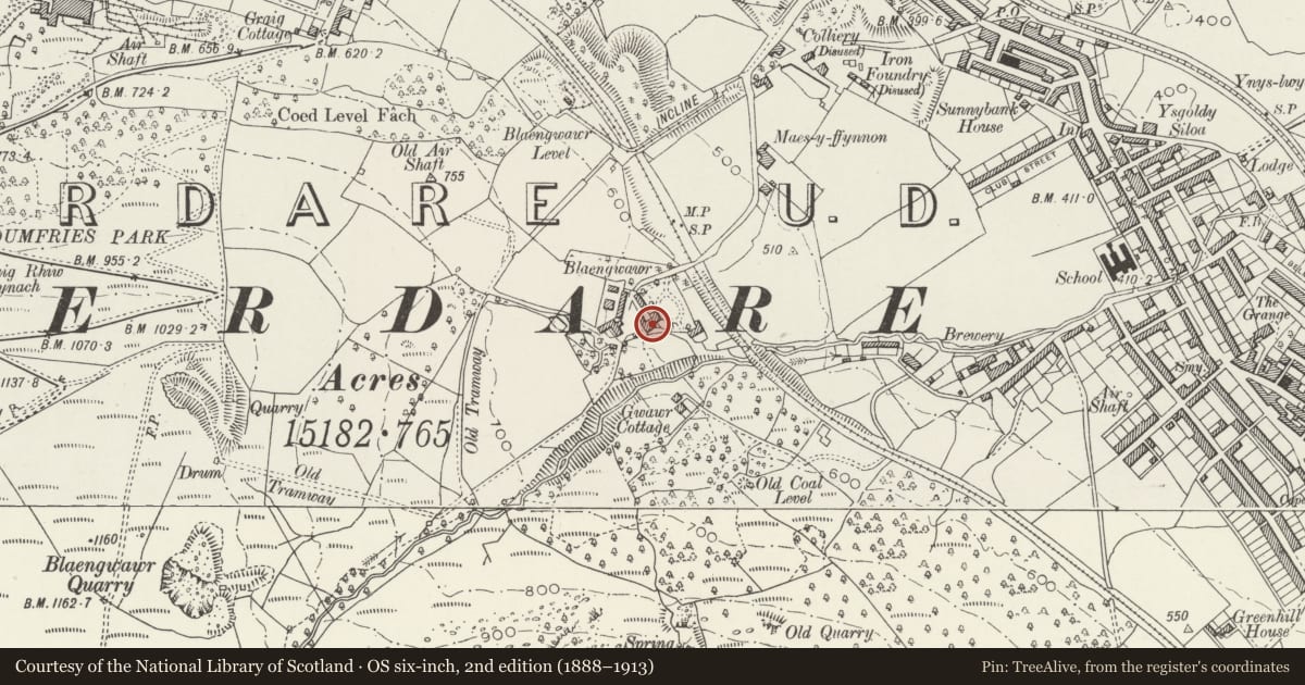Ordnance Survey six-inch map, 2nd edition (1888–1913) covering the location of Blaengwawr Farmhouse with attached farm range, Aberaman, Rhondda Cynon Taff, with a pin at the register's coordinates