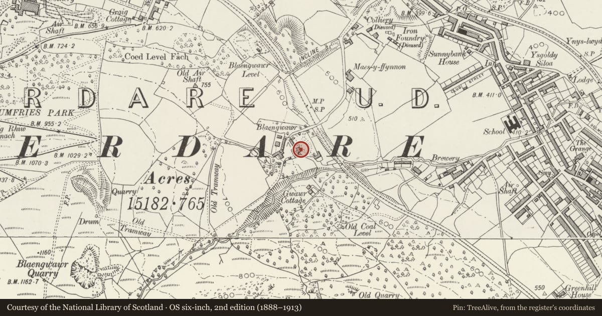 Ordnance Survey six-inch map, 2nd edition (1888–1913) covering the location of Blaengwawr House, Aberaman, Rhondda Cynon Taff, with a pin at the register's coordinates