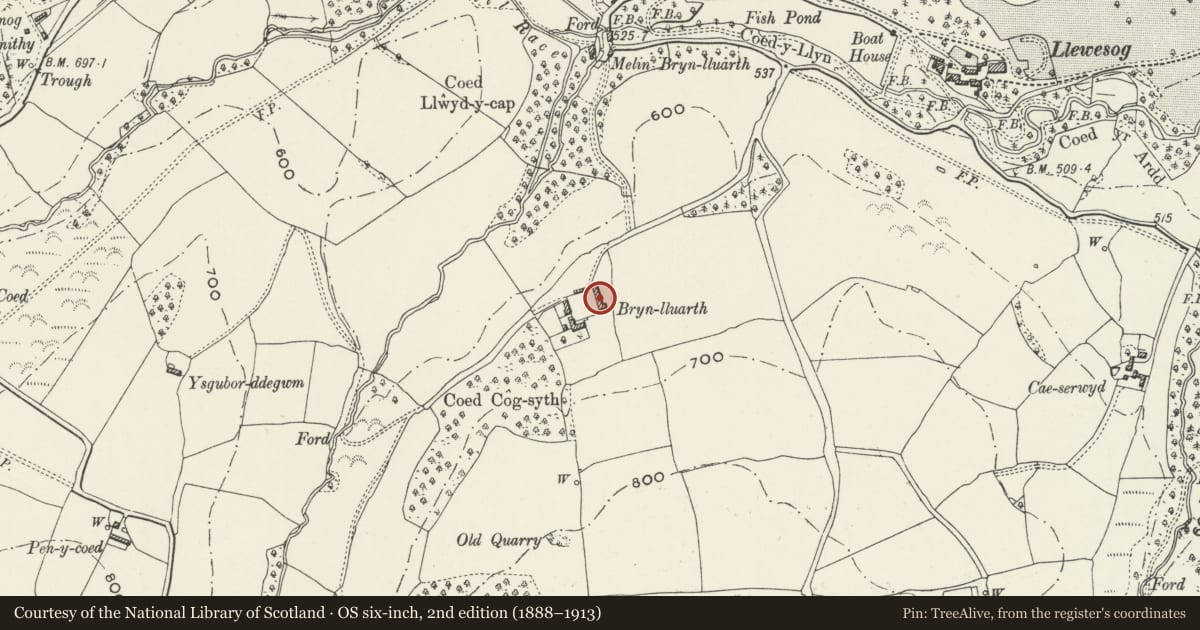 Ordnance Survey six-inch map, 2nd edition (1888–1913) covering the location of Agricultural Range at Brynlluarth, Llanrhaeadr yng Nghinmeirch, Denbighshire, with a pin at the register's coordinates