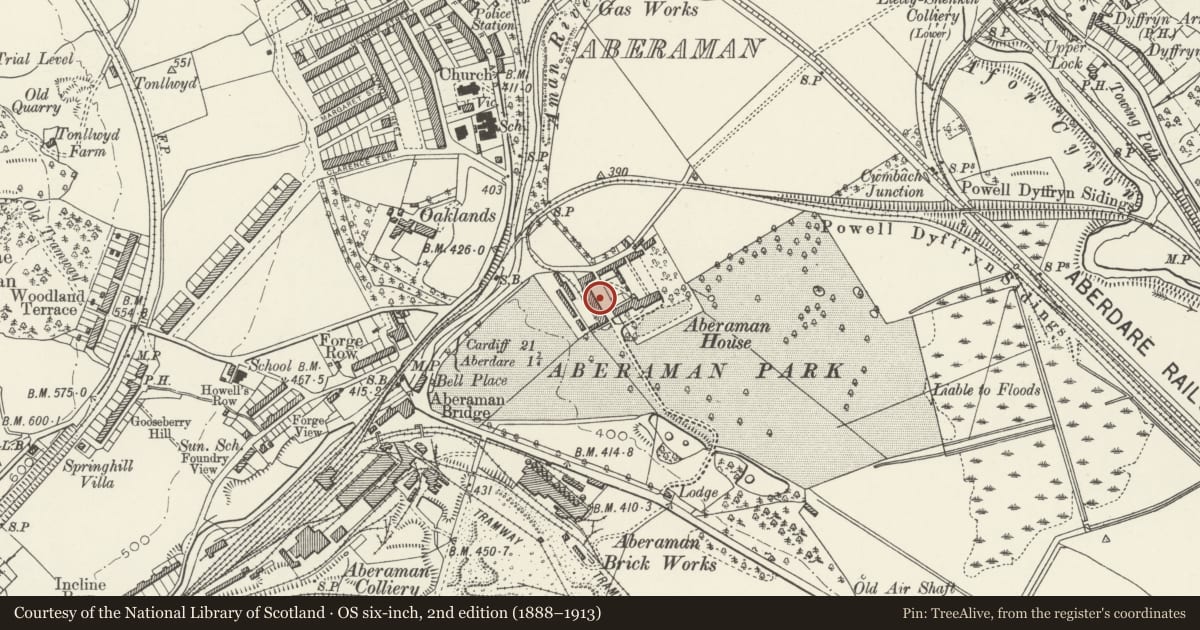 Ordnance Survey six-inch map, 2nd edition (1888–1913) covering the location of Former stable and barn range at Ty Aberaman, Rhondda Cynon Taff, with a pin at the register's coordinates