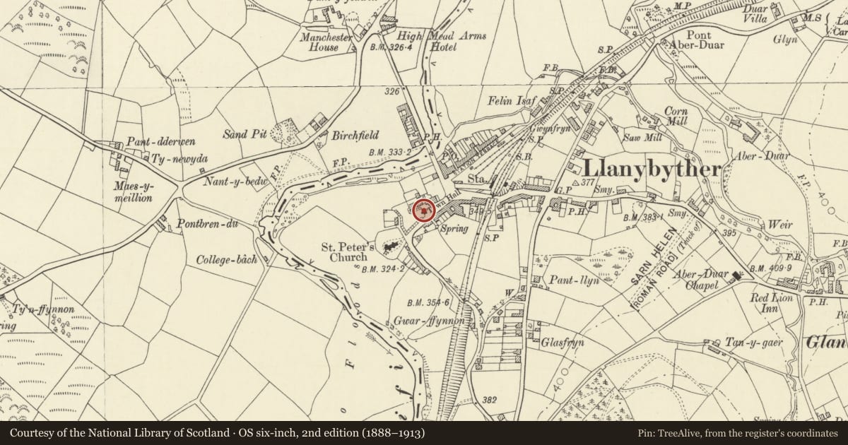 Ordnance Survey six-inch map, 2nd edition (1888–1913) covering the location of Dolgwm Stores, Llanybydder, Carmarthenshire, with a pin at the register's coordinates