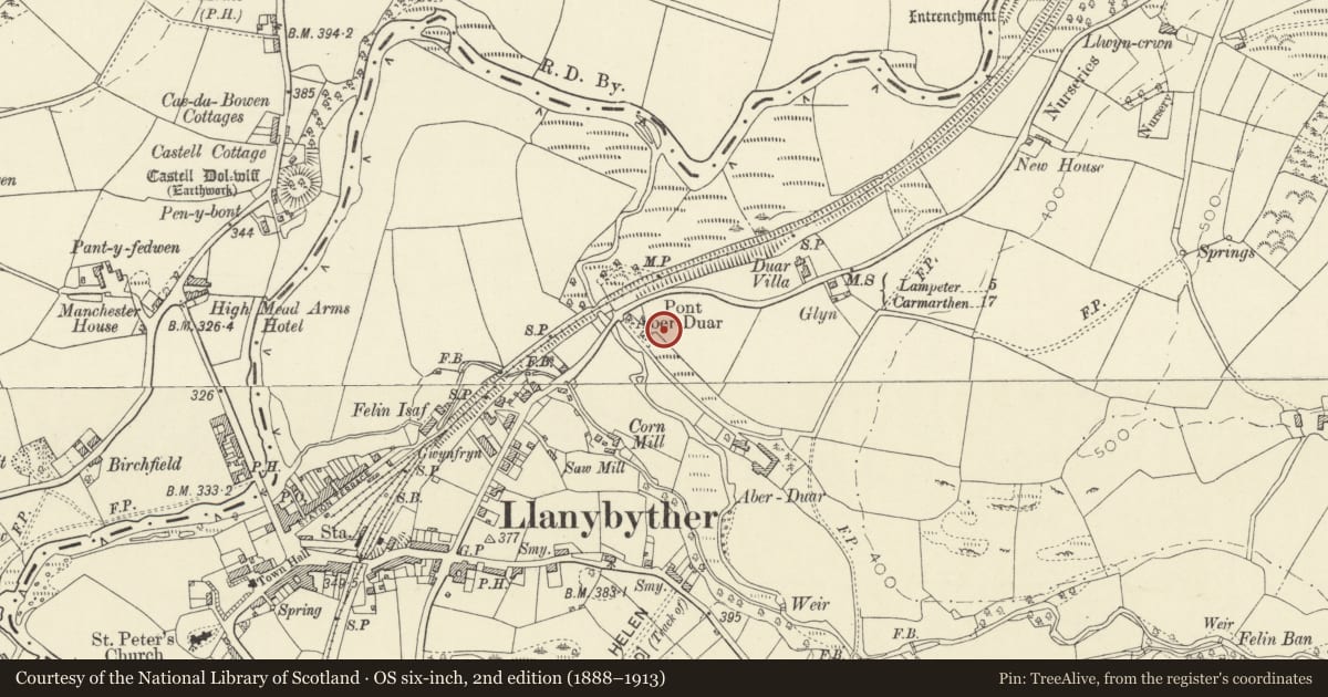 Ordnance Survey six-inch map, 2nd edition (1888–1913) covering the location of The Vicarage, Llanybydder, Carmarthenshire, with a pin at the register's coordinates