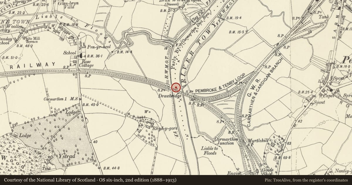 Ordnance Survey six-inch map, 2nd edition (1888–1913) covering the location of White Bridge (The bascule railway bridge), Carmarthen, Carmarthenshire, with a pin at the register's coordinates