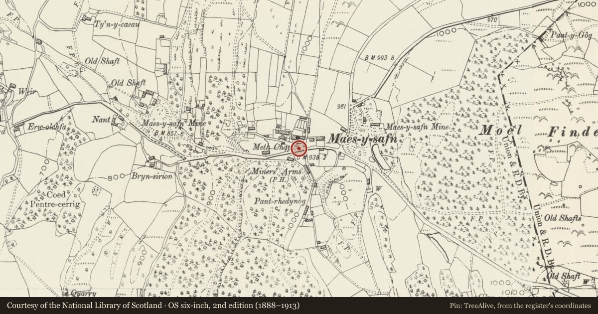 Ordnance Survey six-inch map, 2nd edition (1888–1913) covering the location of Telephone Call-box to N of Miner's Arms PH, Llanferres, Denbighshire, with a pin at the register's coordinates