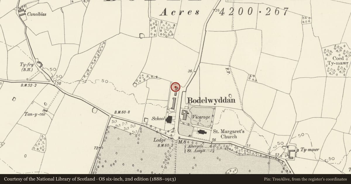 Ordnance Survey six-inch map, 2nd edition (1888–1913) covering the location of 1, The Village, Bodelwyddan, Denbighshire, with a pin at the register's coordinates