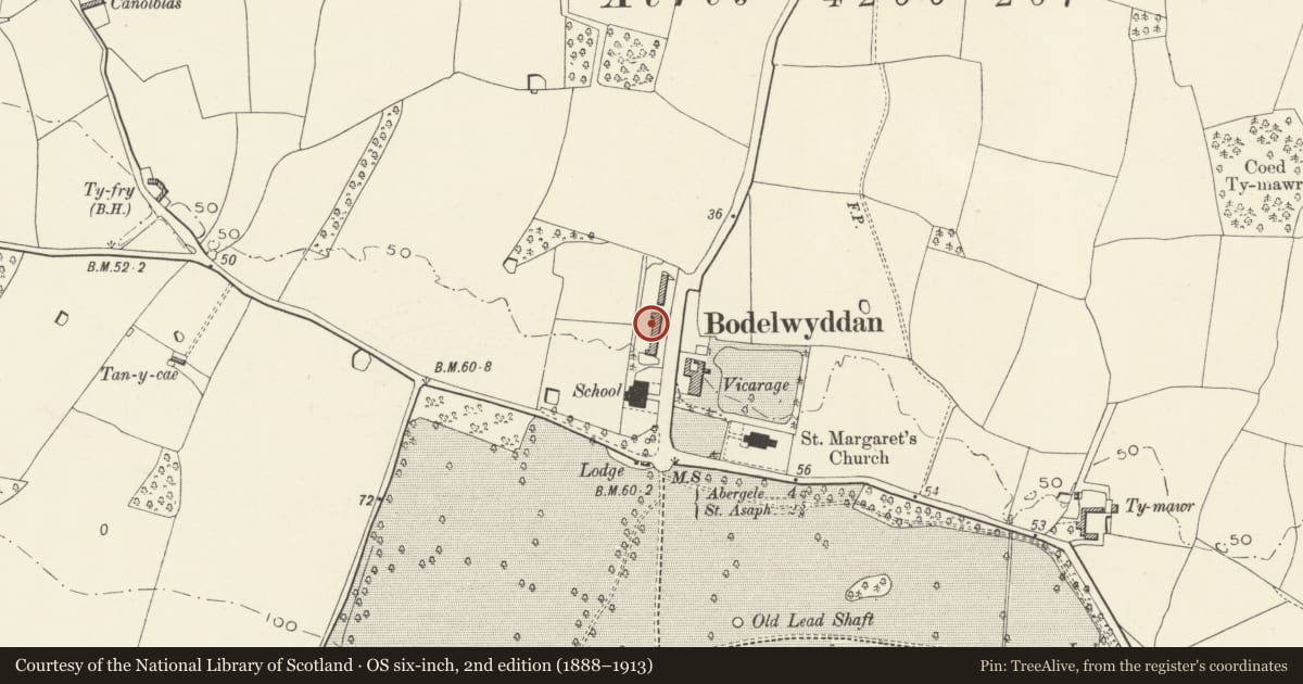 Ordnance Survey six-inch map, 2nd edition (1888–1913) covering the location of 11, The Village, Bodelwyddan, Denbighshire, with a pin at the register's coordinates